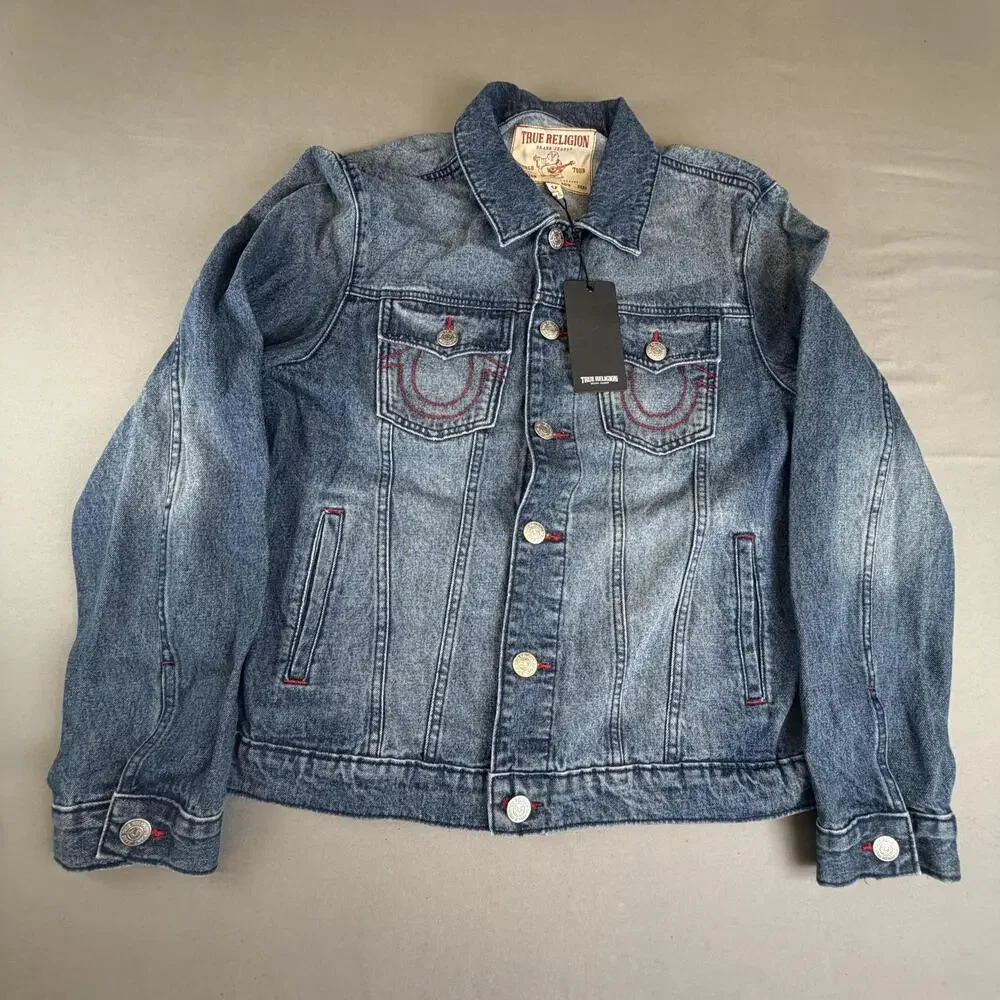 True Religion Jacket Mens Medium Blue Denim TRBJ Print SN Graphic 701133